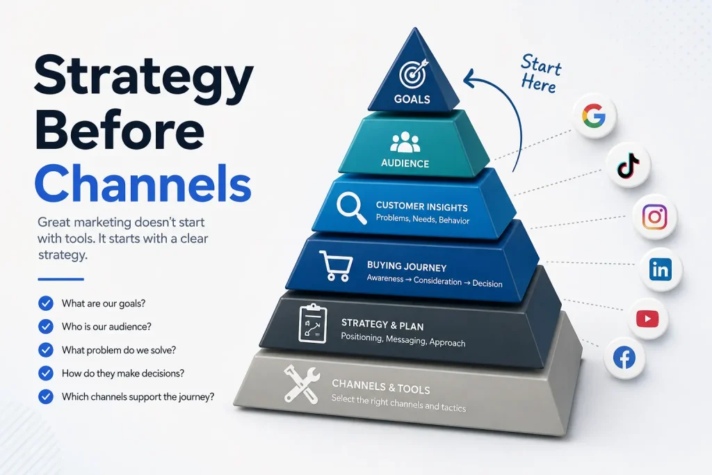 Marketing strategy framework showing goals audience customer journey and marketing channels